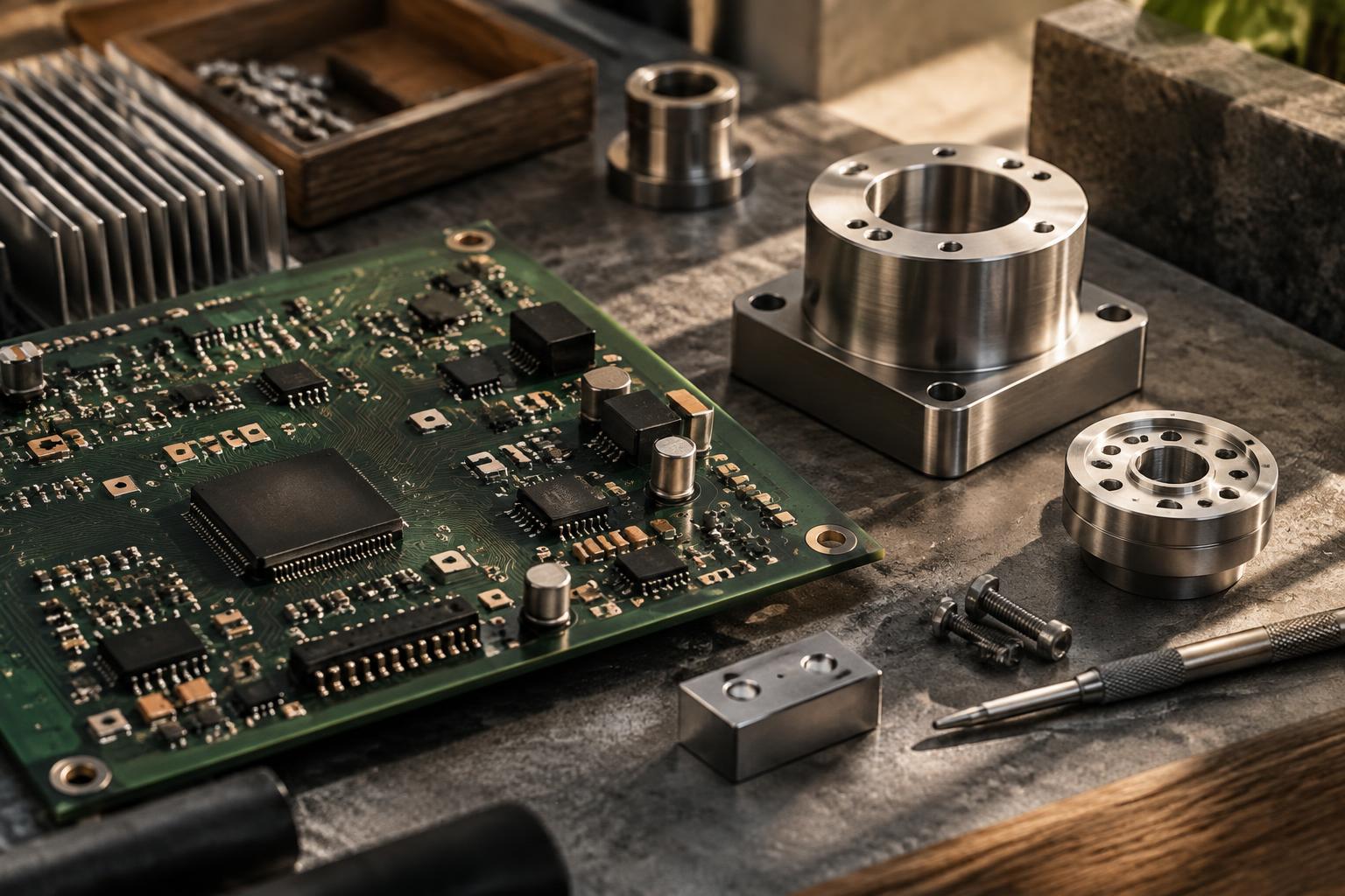 Circuit board, precision-machined steel, natural stone, and workshop tools