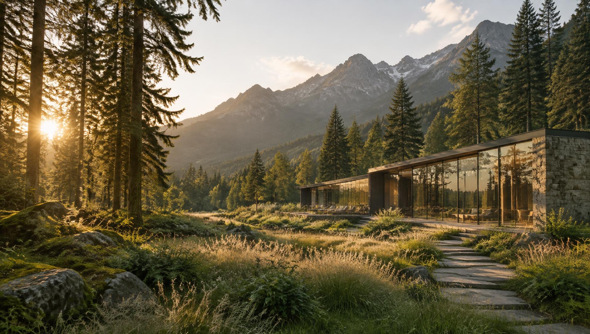 Conceptual modern glass and stone pavilion surrounded by forest and mountains