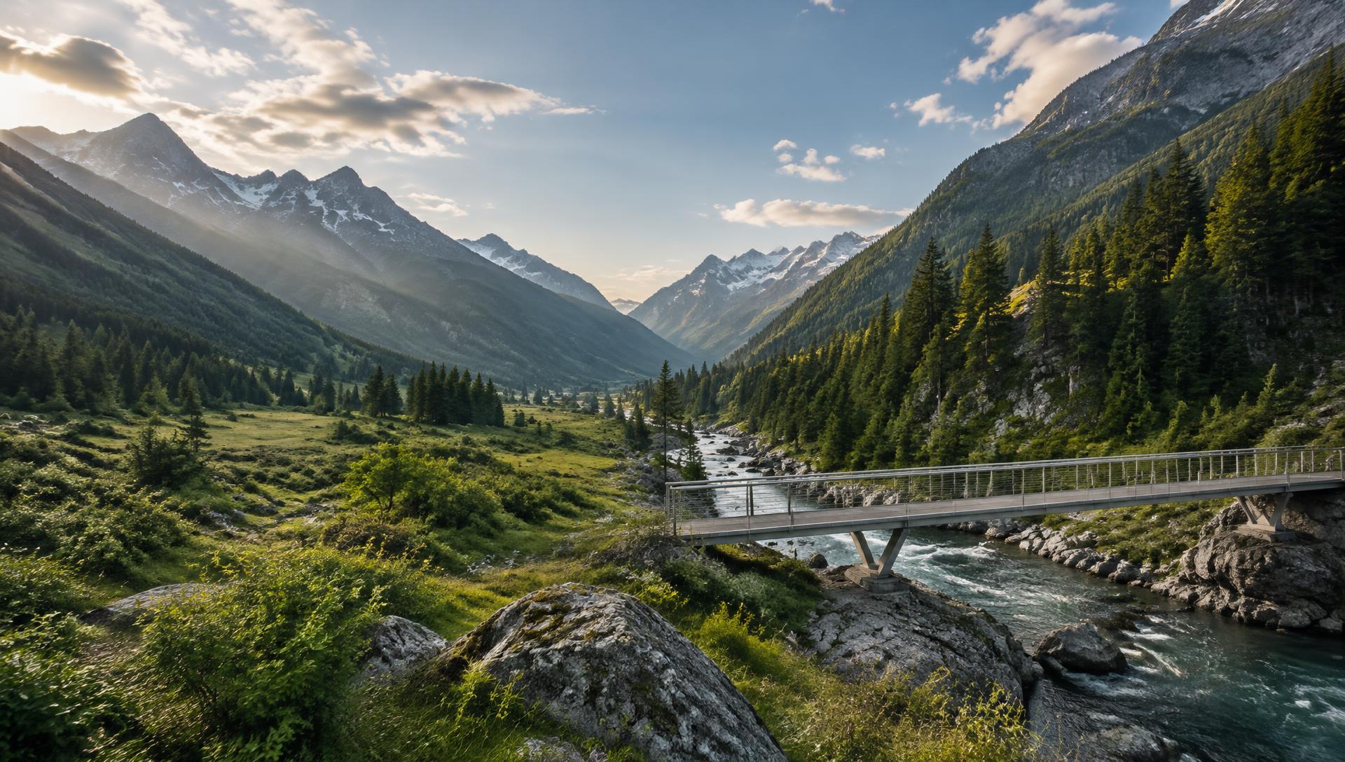 Conceptual steel bridge across an alpine river beneath forested mountains