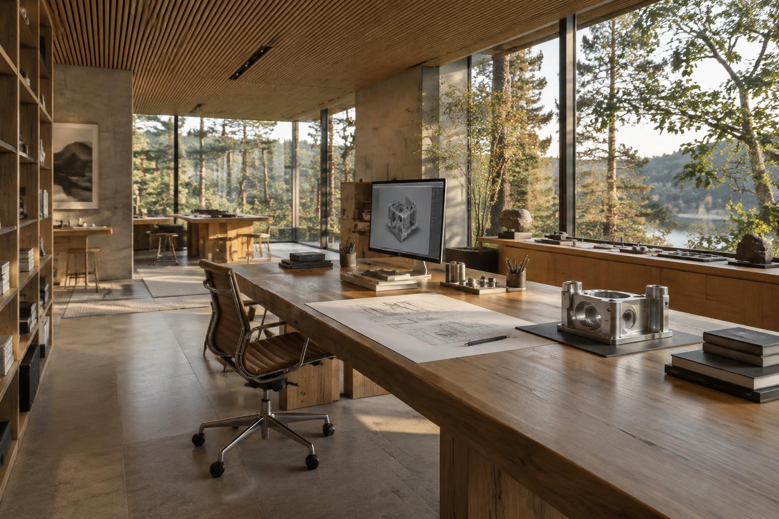 Conceptual engineering and design studio with natural timber and forest views